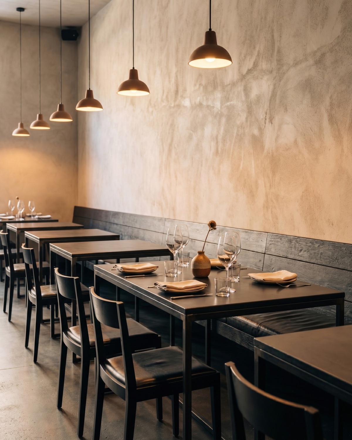 Comedor de restaurante con mobiliario en madera fabricado por W Chaput Studio.