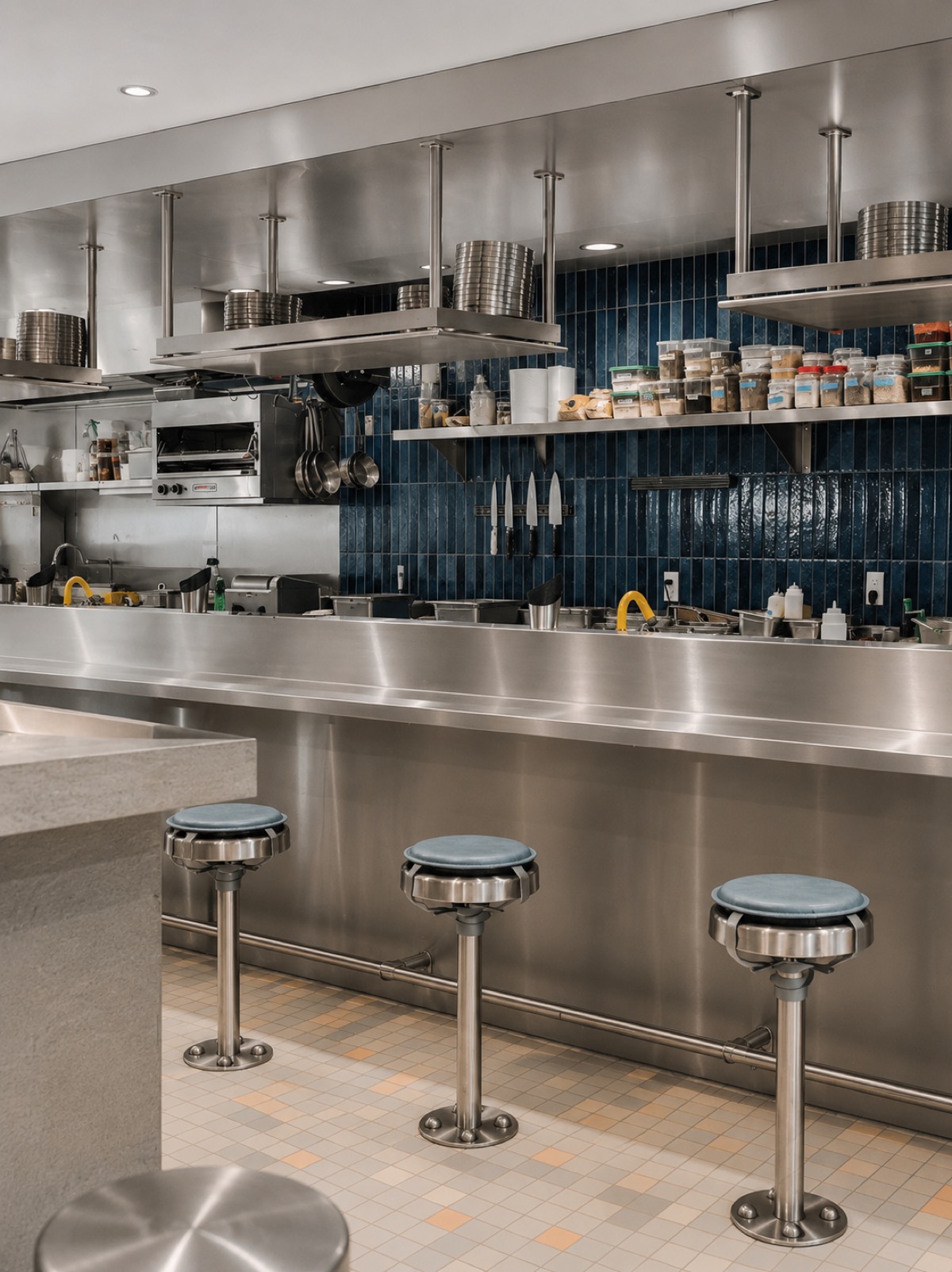 Barra y cocina abierta en acero inoxidable del restaurante EL TIBUR.
