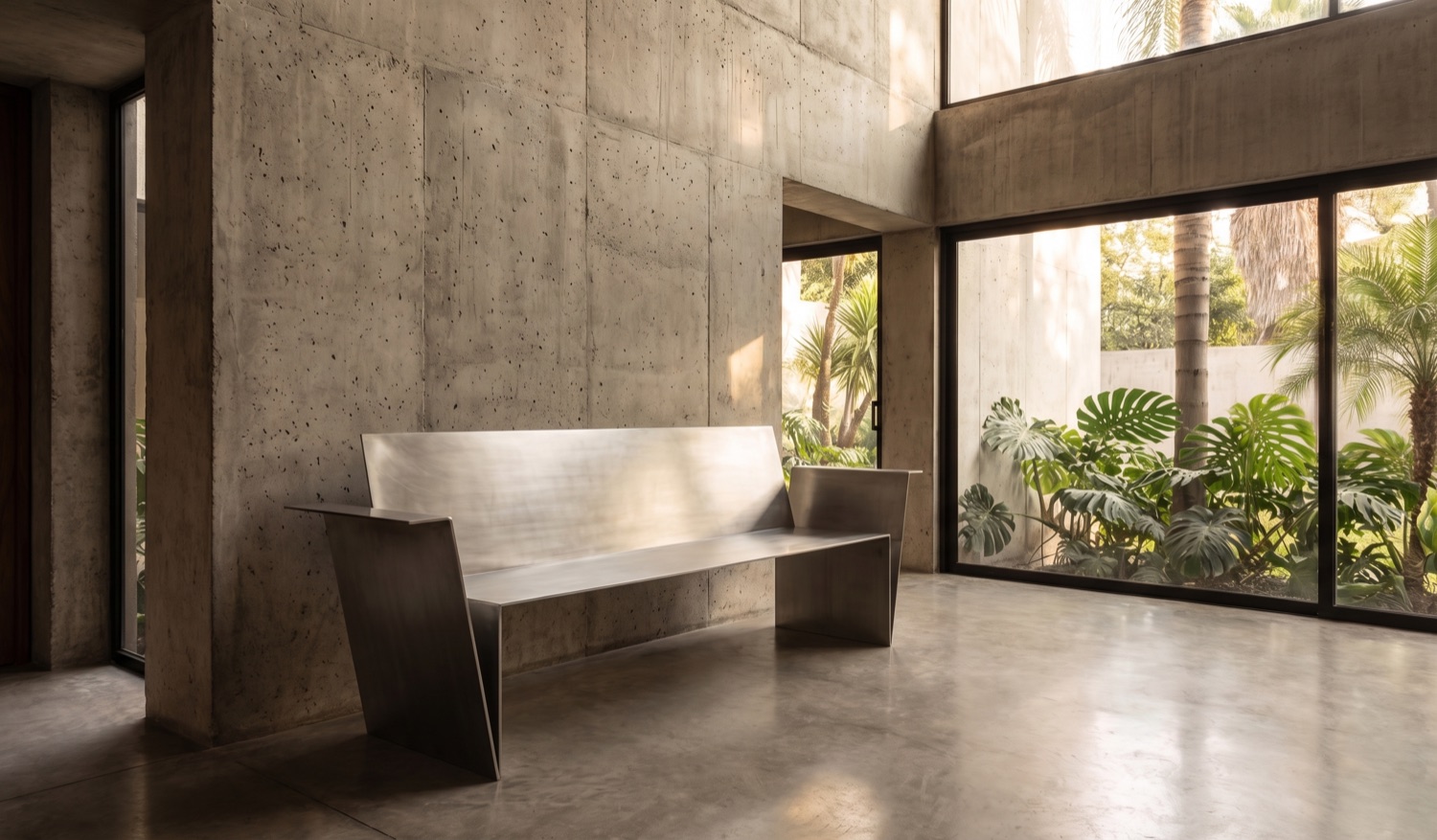 Monolith Bench en acero inoxidable y piedra volcánica.