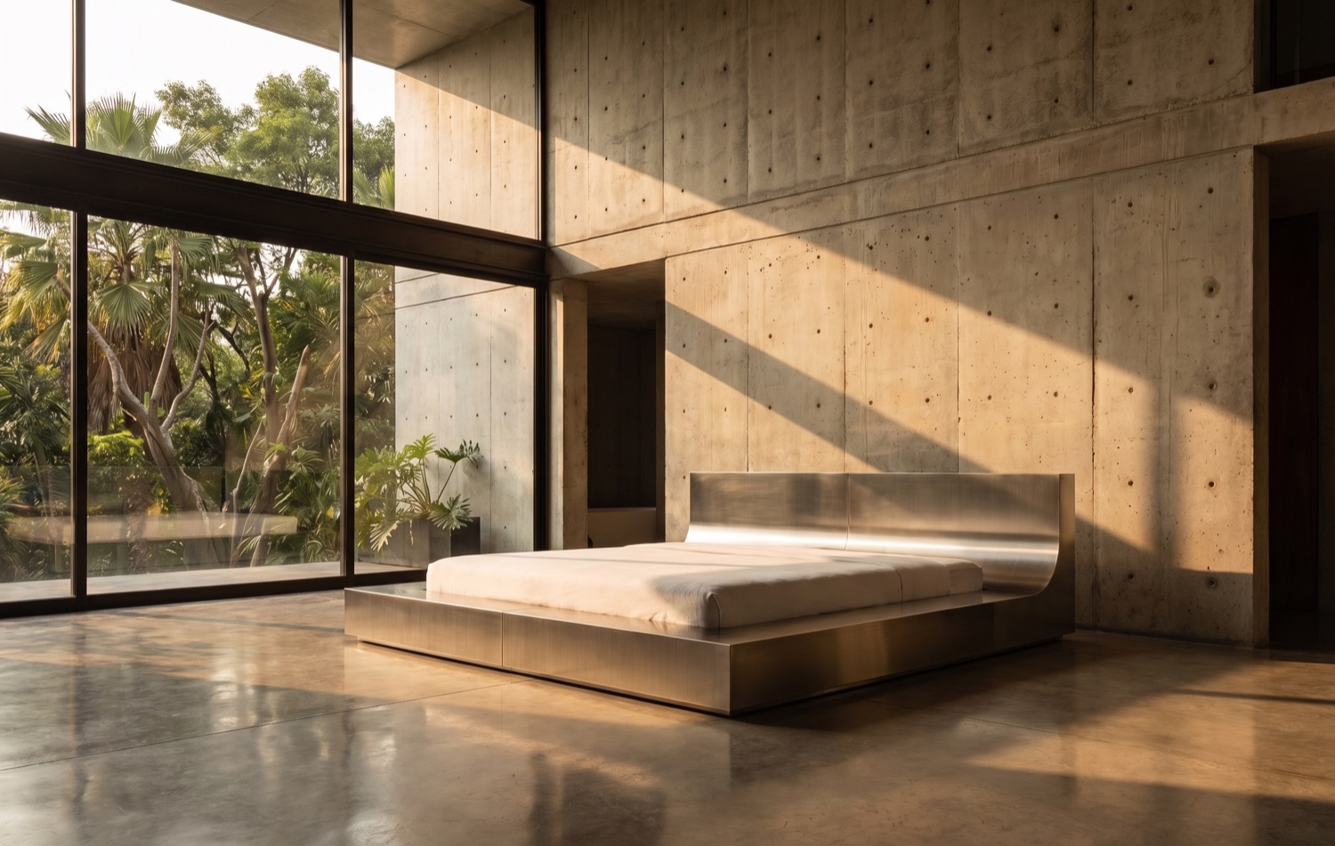 Monolith Bed en acero inoxidable y piedra volcánica.