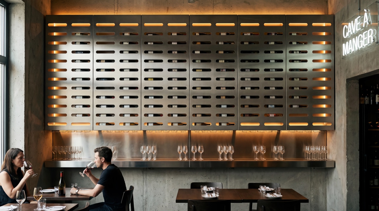 Cava y muro de exhibición de vino en metal y madera.