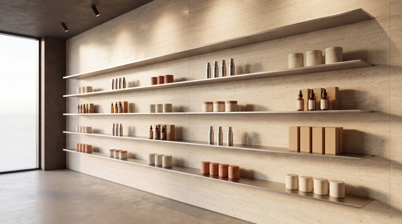 Display de retail en repisas para un centro de bienestar.