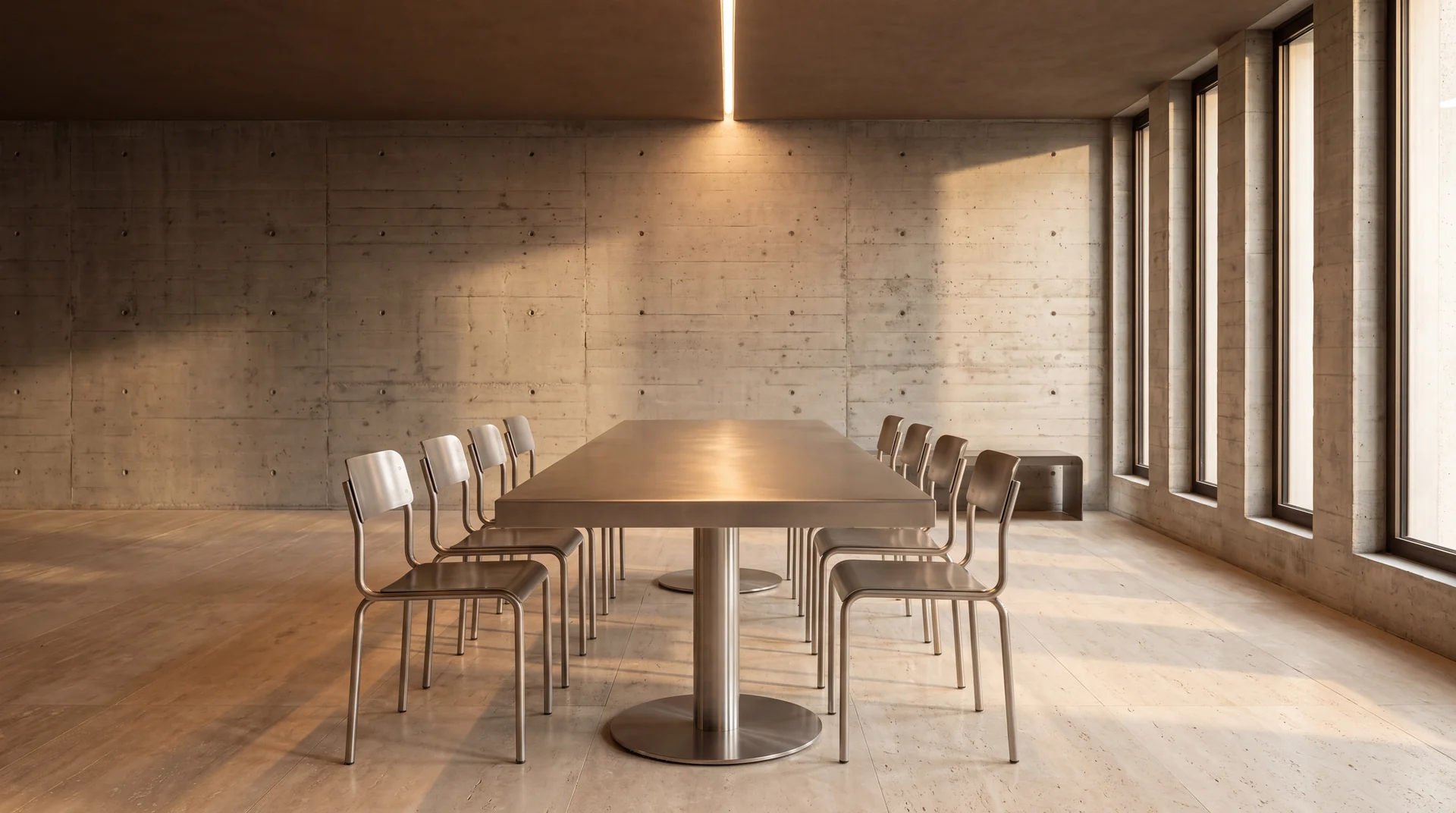 Propuesta del estudio: comedor con mesa y sillas de acero inoxidable, muros de concreto y luz natural