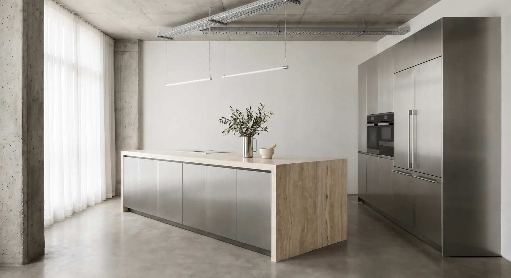 Visualización conceptual de cocina: isla en piedra con frentes de acero inoxidable, gabinete alto de acero y luz natural