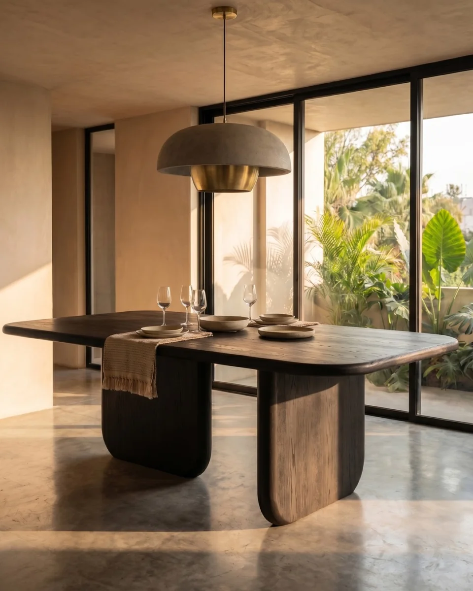 Visualización de mesa de comedor Cenere en madera entintada negra