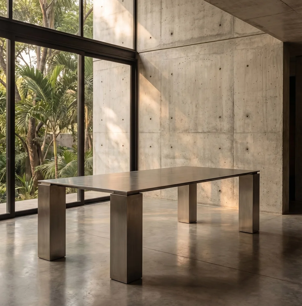 Visualización de mesa Monolith en acero inoxidable y piedra volcánica