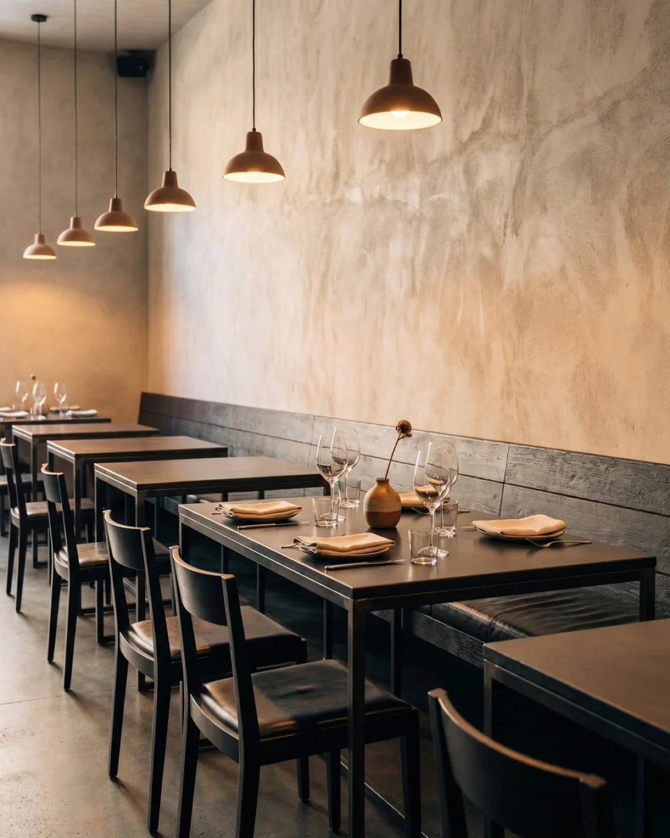 Visualización de comedor con mobiliario de la colección Cenere