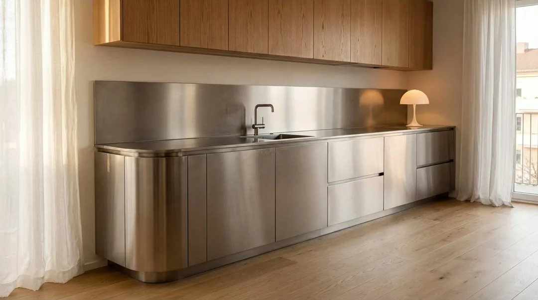 Visualización de cocina residencial en acero inoxidable