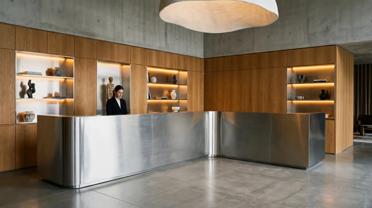 Visualización de recepción en metal y madera