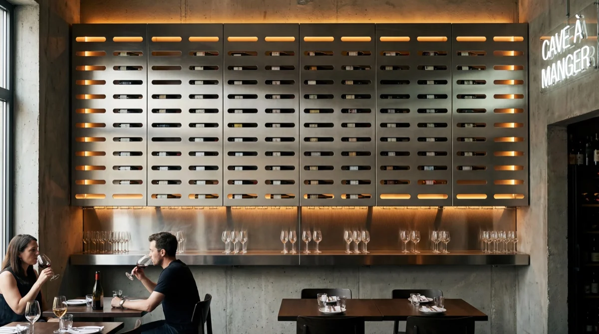 Visualización de cava y exhibición de vino en metal y madera