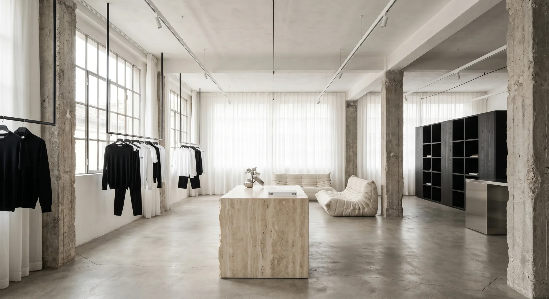Visualización conceptual de showroom con mobiliario de exhibición, isla de piedra y estanterías